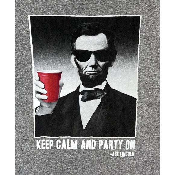 Hybrid Keep Calm Party On Abe Lincoln Short Sleeve T-Shirt Mens Size Large Gray - Picture 2 of 6